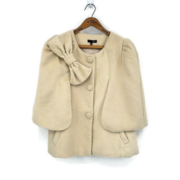 Ryu Cape Jacket Womens Large Ivory Bow Snap Front Pockets - Picture 1 of 4